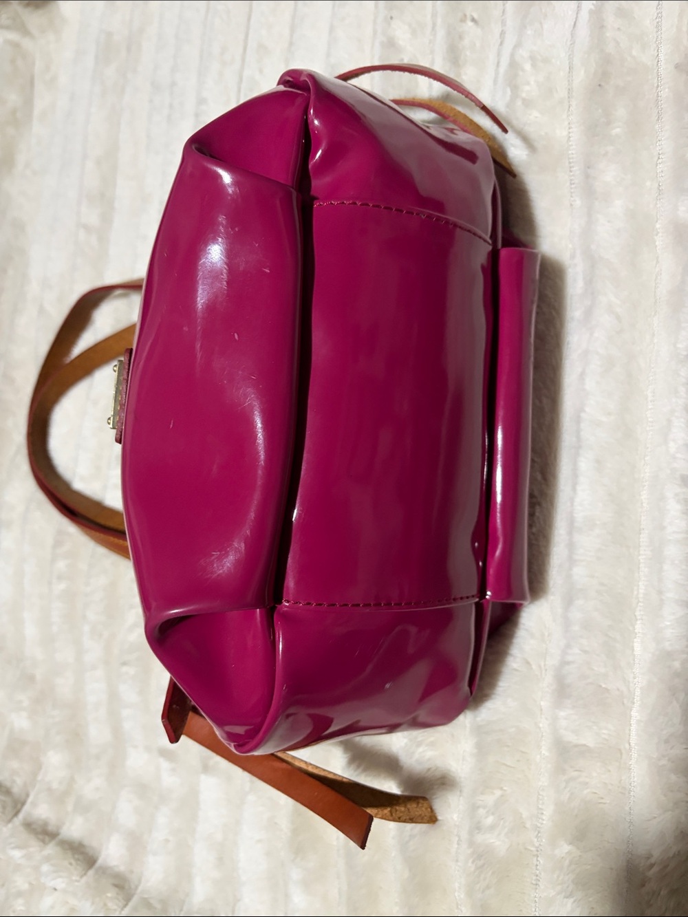 Dooney & Bourke Bright Pink Patent Shoulder Bag with Tan Leather Trim - Picture 4 of 6